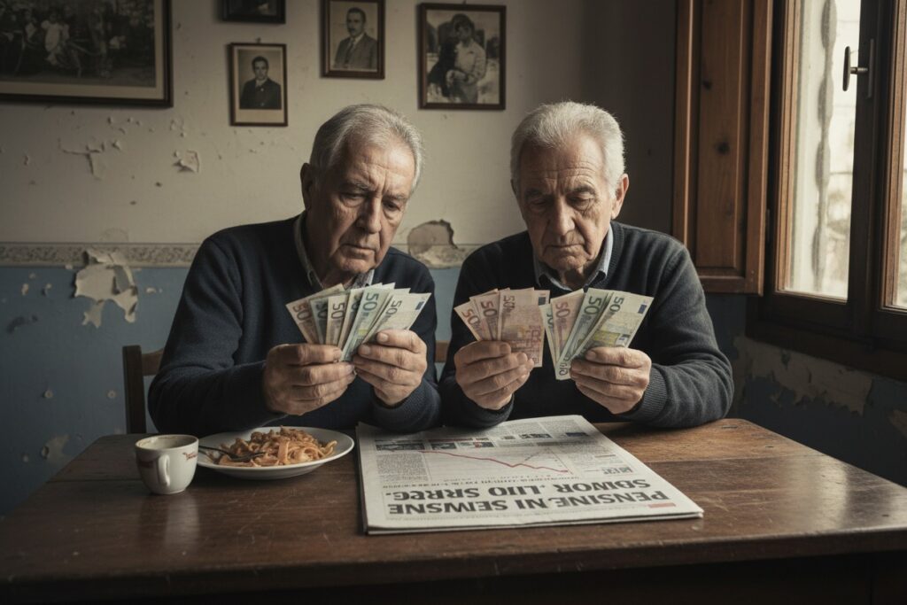 Due anziani seduti a un tavolo di legno contano banconote in euro sopra un giornale.