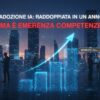 Generato da IA: Un grafico a barre in crescita con una freccia rivolta verso l'alto si sovrappone a uno skyline cittadino e a figure professionali, accompagnato dal testo "ADOZIONE IA: RADDOPPIATA IN UN ANNO MA È EMERGENZA COMPETENZE".