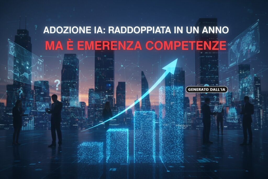 Generato da IA: Un grafico a barre in crescita con una freccia rivolta verso l'alto si sovrappone a uno skyline cittadino e a figure professionali, accompagnato dal testo "ADOZIONE IA: RADDOPPIATA IN UN ANNO MA È EMERGENZA COMPETENZE".