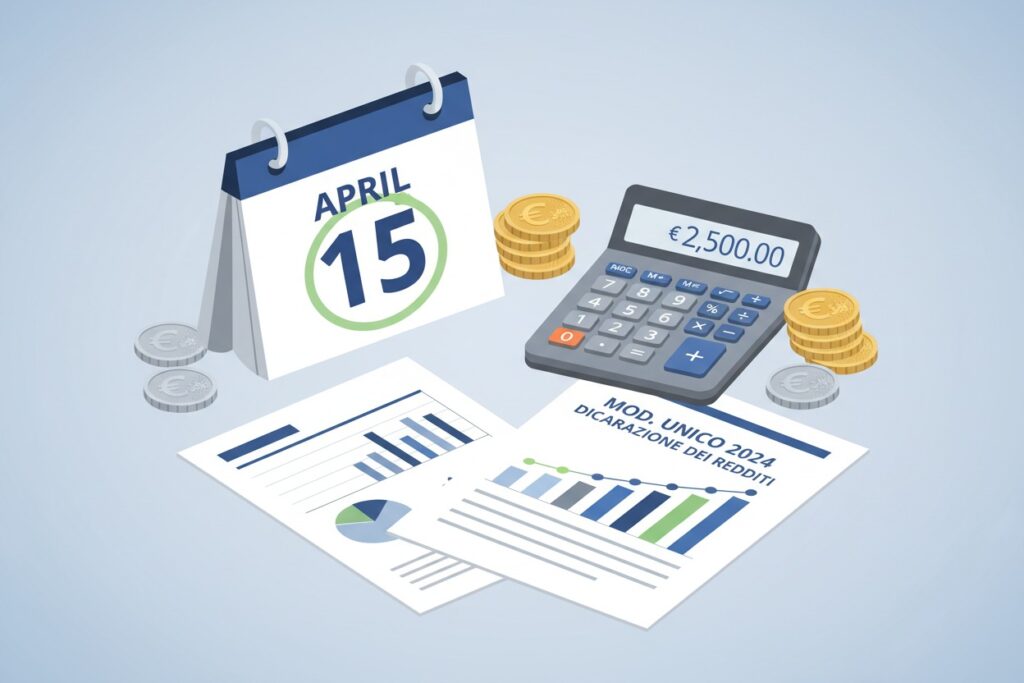 Un calendario con la data del 15 aprile cerchiata, una calcolatrice digitale, documenti fiscali con grafici e alcune monete dorate disposte su uno sfondo azzurro.