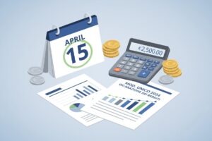 Un calendario con la data del 15 aprile cerchiata, una calcolatrice digitale, documenti fiscali con grafici e alcune monete dorate disposte su uno sfondo azzurro.