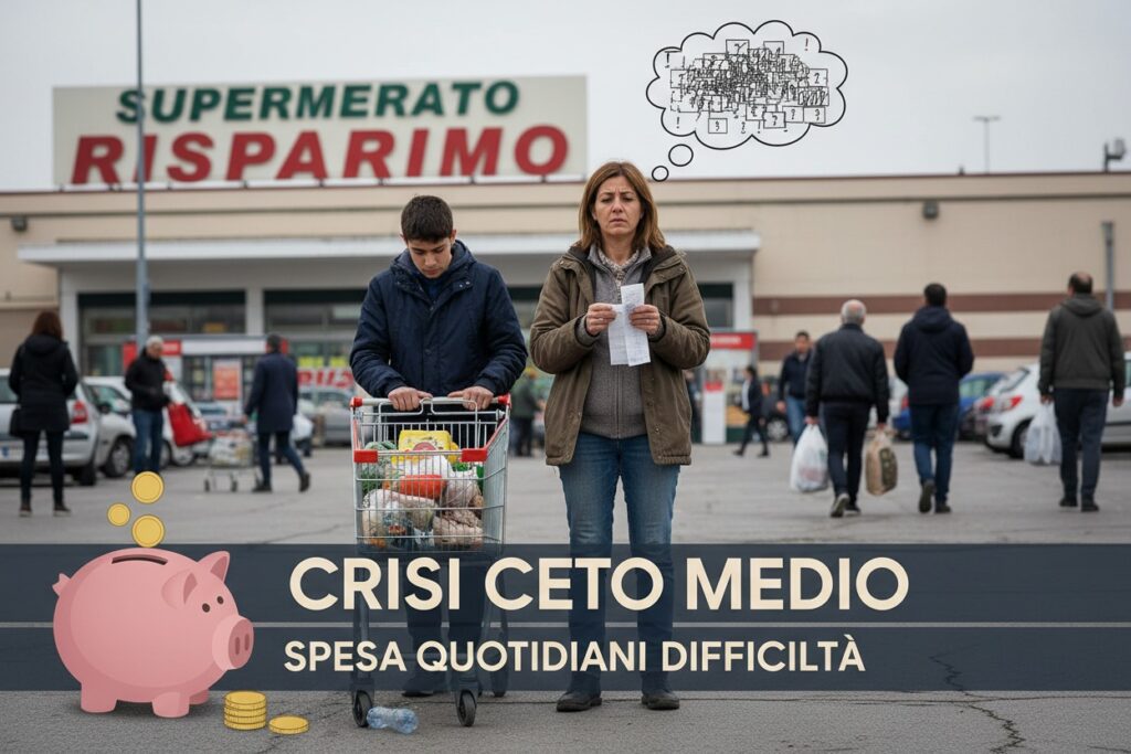 Una donna preoccupata guarda lo scontrino della spesa nel parcheggio di un supermercato, mentre un ragazzo spinge il carrello pieno.