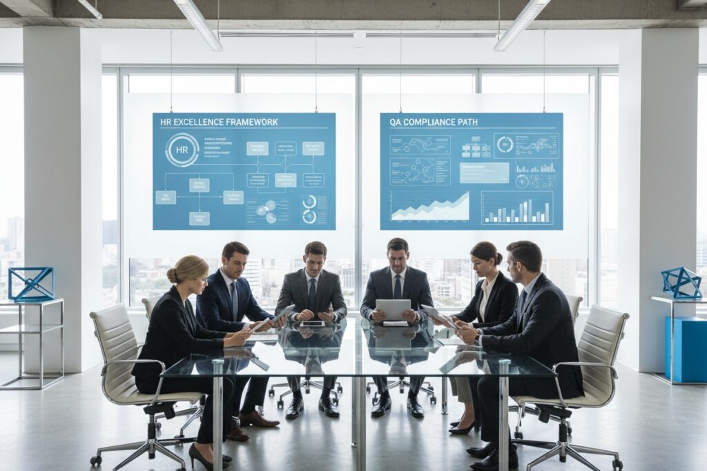 Un gruppo di professionisti siede intorno a un tavolo di vetro in una sala riunioni moderna, con grafici aziendali appesi alle finestre sullo sfondo.