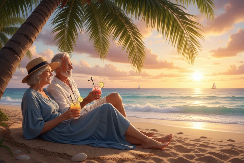 Una coppia anziana si rilassa sulla spiaggia sabbiosa al tramonto bevendo cocktail sotto le fronde di una palma.