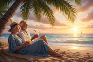 Una coppia anziana si rilassa sulla spiaggia sabbiosa al tramonto bevendo cocktail sotto le fronde di una palma.