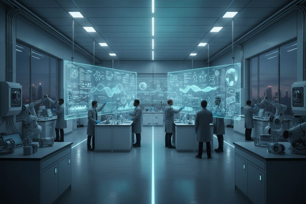 Ricercatori in camice lavorano in un laboratorio moderno con grandi schermi olografici luminosi e bracci robotici automatizzati.