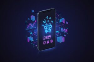 Uno smartphone circondato da icone digitali, grafici e simboli di e-commerce al neon su sfondo scuro.